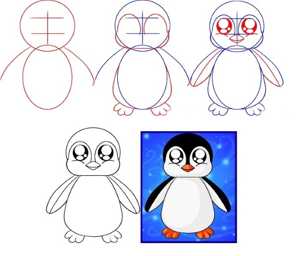 Pinguinzeichnung für Kinder mit Bleistift, Farben auf einem Stein, Eisscholle lustig, einfach in Farbe