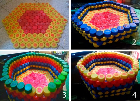 Basteln aus Plastikflaschenverschlüssen, Eimern, Sauerrahm. DIY-Schritt-für-Schritt-Diagramme