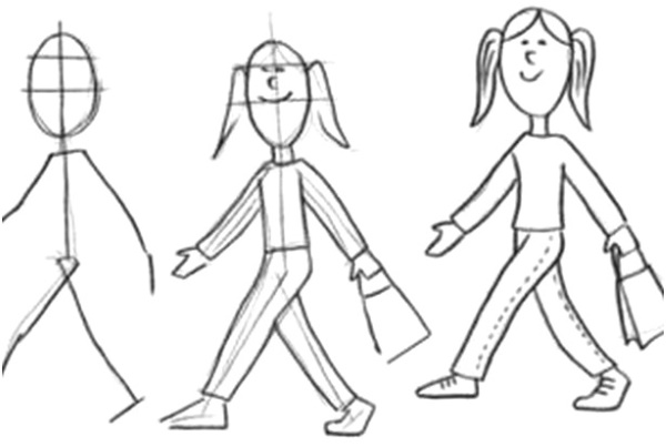 Zeichnen Sie Schritt für Schritt eine Person für Kinder mit einem Bleistift in Bewegung, volles Wachstum, Profil