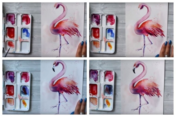 Desene cu flamingi pentru copiere cu creionul, acuarelă pas cu pas într-un caiet de schițe