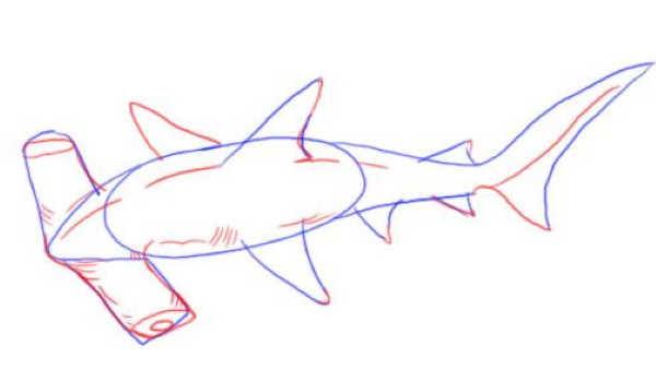 Zeichnung eines Hais für Kinder mit einem Bleistift zum Kopieren, Ausmalen im Meer, Wasser, Farbe mit offenem Mund, einem Lächeln
