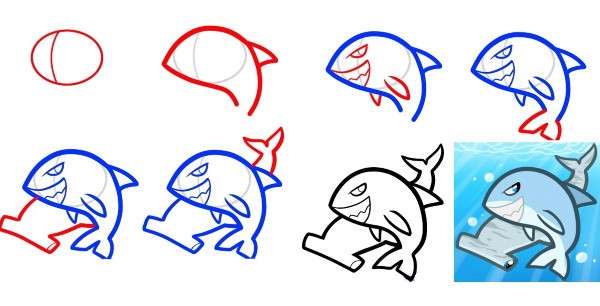 Zeichnung eines Hais für Kinder mit einem Bleistift zum Kopieren, Ausmalen im Meer, Wasser, Farbe mit offenem Mund, einem Lächeln