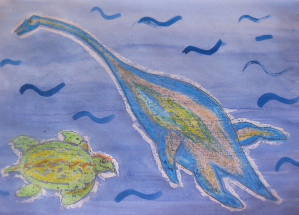 Schrittweise Zeichnung eines Dinosauriers für Kinder mit Bleistift und Hintergrund zum Kopieren. Foto