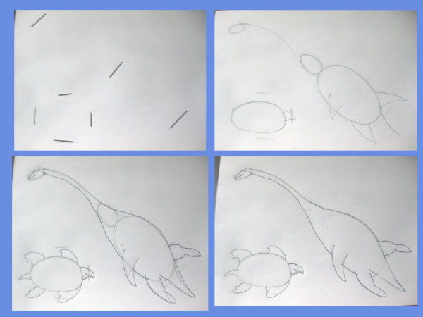 Schrittweise Zeichnung eines Dinosauriers für Kinder mit Bleistift und Hintergrund zum Kopieren. Foto