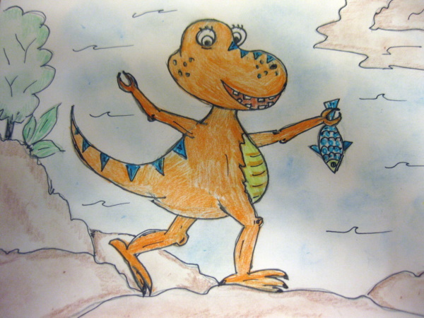 Schrittweise Zeichnung eines Dinosauriers für Kinder mit Bleistift und Hintergrund zum Kopieren. Foto