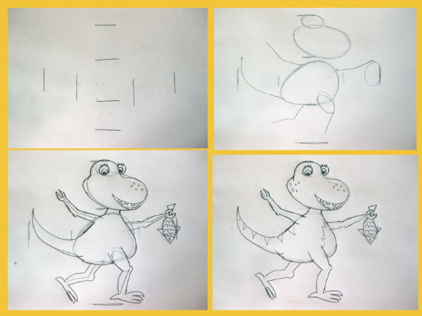 Schrittweise Zeichnung eines Dinosauriers für Kinder mit Bleistift und Hintergrund zum Kopieren. Foto
