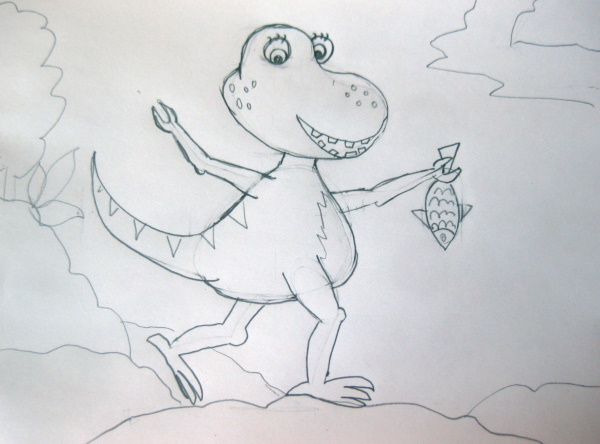 Schrittweise Zeichnung eines Dinosauriers für Kinder mit Bleistift und Hintergrund zum Kopieren. Foto