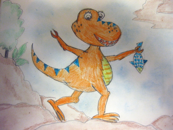 Schrittweise Zeichnung eines Dinosauriers für Kinder mit Bleistift und Hintergrund zum Kopieren. Foto