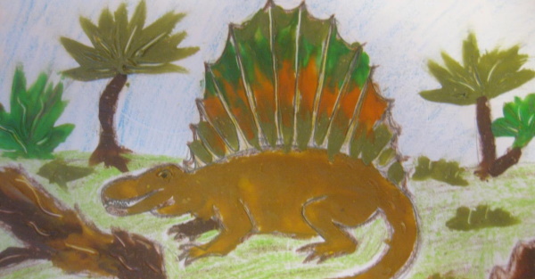Schrittweise Zeichnung eines Dinosauriers für Kinder mit Bleistift und Hintergrund zum Kopieren. Foto
