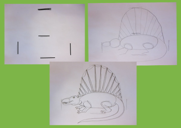 Schrittweise Zeichnung eines Dinosauriers für Kinder mit Bleistift und Hintergrund zum Kopieren. Foto