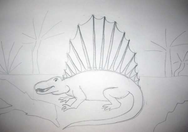 Schrittweise Zeichnung eines Dinosauriers für Kinder mit Bleistift und Hintergrund zum Kopieren. Foto