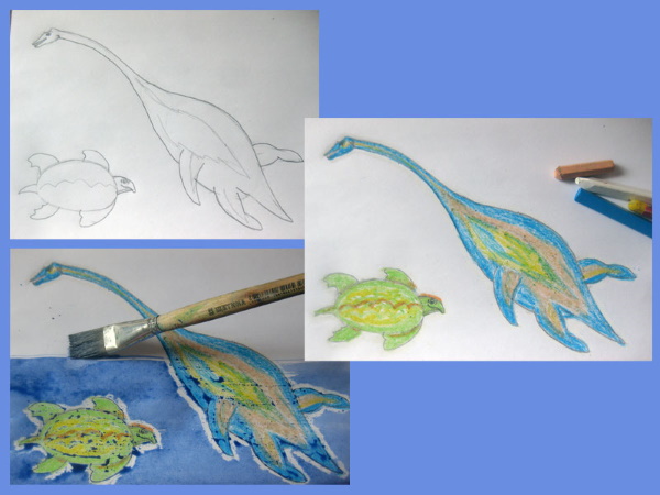 Schrittweise Zeichnung eines Dinosauriers für Kinder mit Bleistift und Hintergrund zum Kopieren. Foto