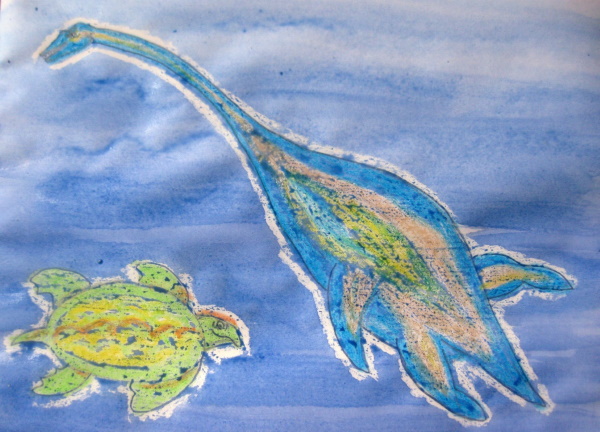 Schrittweise Zeichnung eines Dinosauriers für Kinder mit Bleistift und Hintergrund zum Kopieren. Foto