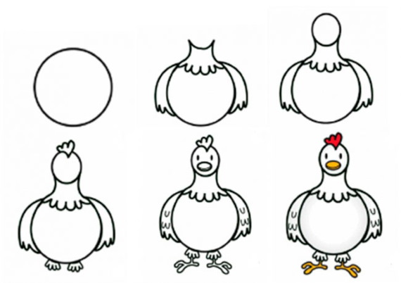 Disegno di pollo per bambini con matita da colorare per bambini con polli, gattini da una fiaba/