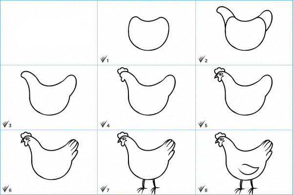 Disegno di pollo per bambini con matita da colorare per bambini con polli, gattini da una fiaba/