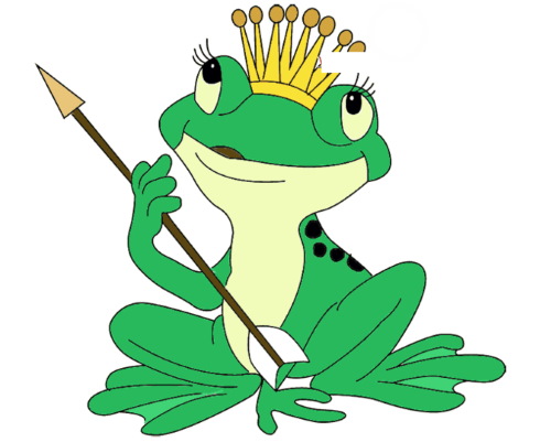 Zeichnung eines Frosches für Kinder mit einem Bleistift aus einem Märchen, auf einem Stein, einer Seerose mit einem Pfeil, einer Krone