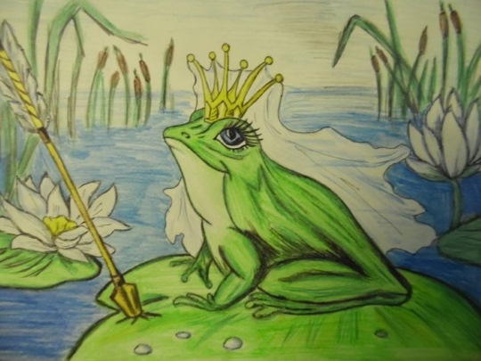 Zeichnung eines Frosches für Kinder mit einem Bleistift aus einem Märchen, auf einem Stein, einer Seerose mit einem Pfeil, einer Krone