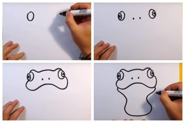 Zeichnung eines Frosches für Kinder mit einem Bleistift aus einem Märchen, auf einem Stein, einer Seerose mit einem Pfeil, einer Krone