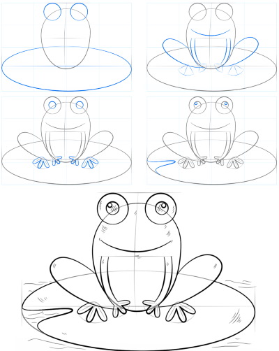 Zeichnung eines Frosches für Kinder mit einem Bleistift aus einem Märchen, auf einem Stein, einer Seerose mit einem Pfeil, einer Krone