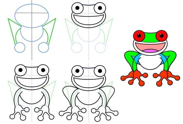 Zeichnung eines Frosches für Kinder mit einem Bleistift aus einem Märchen, auf einem Stein, einer Seerose mit einem Pfeil, einer Krone