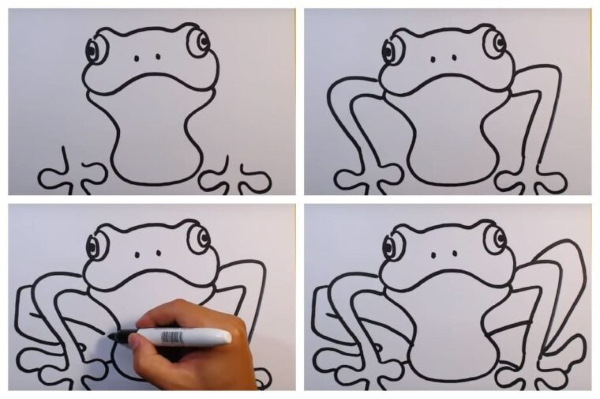Zeichnung eines Frosches für Kinder mit einem Bleistift aus einem Märchen, auf einem Stein, einer Seerose mit einem Pfeil, einer Krone