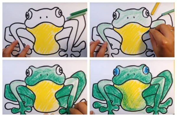 Zeichnung eines Frosches für Kinder mit einem Bleistift aus einem Märchen, auf einem Stein, einer Seerose mit einem Pfeil, einer Krone