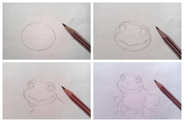 Zeichnung eines Frosches für Kinder mit einem Bleistift aus einem Märchen, auf einem Stein, einer Seerose mit einem Pfeil, einer Krone