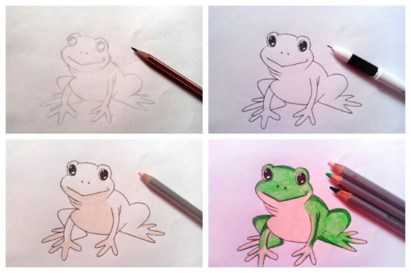 Zeichnung eines Frosches für Kinder mit einem Bleistift aus einem Märchen, auf einem Stein, einer Seerose mit einem Pfeil, einer Krone