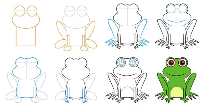 Zeichnung eines Frosches für Kinder mit einem Bleistift aus einem Märchen, auf einem Stein, einer Seerose mit einem Pfeil, einer Krone