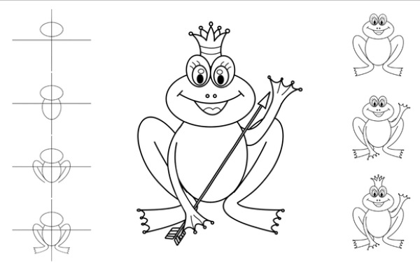 Zeichnung eines Frosches für Kinder mit einem Bleistift aus einem Märchen, auf einem Stein, einer Seerose mit einem Pfeil, einer Krone