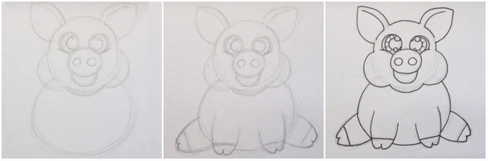 Zeichnungen eines Ferkels (Schweins) für Kinder Schritt für Schritt mit einem Bleistift