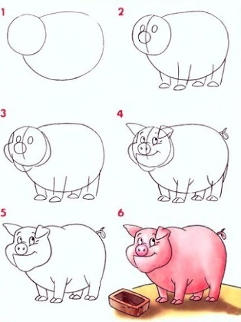 Zeichnungen eines Ferkels (Schweins) für Kinder Schritt für Schritt mit einem Bleistift