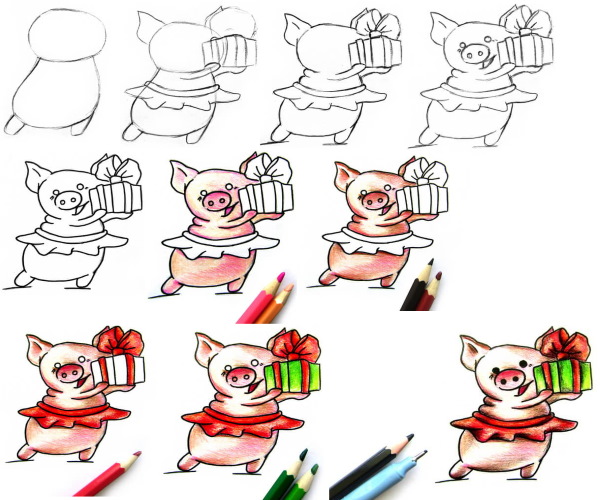 Zeichnungen eines Ferkels (Schweins) für Kinder Schritt für Schritt mit einem Bleistift