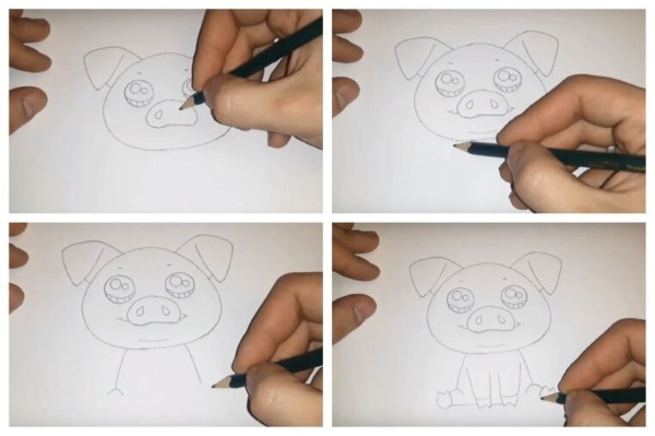 Zeichnungen eines Ferkels (Schweins) für Kinder Schritt für Schritt mit einem Bleistift