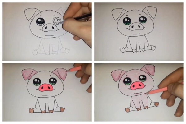 Zeichnungen eines Ferkels (Schweins) für Kinder Schritt für Schritt mit einem Bleistift