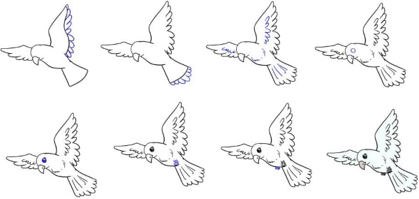 Zeichnungen eines Vogels für Kinder mit einem Bleistift zum Kopieren auf einen Ast, einen Futterspender, Drähte