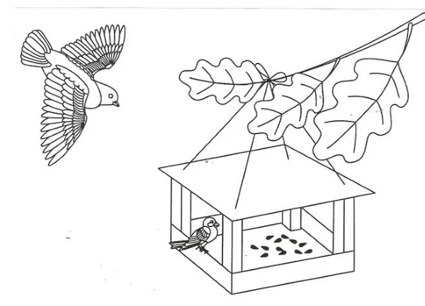 Zeichnungen eines Vogels für Kinder mit einem Bleistift zum Kopieren auf einen Ast, einen Futterspender, Drähte