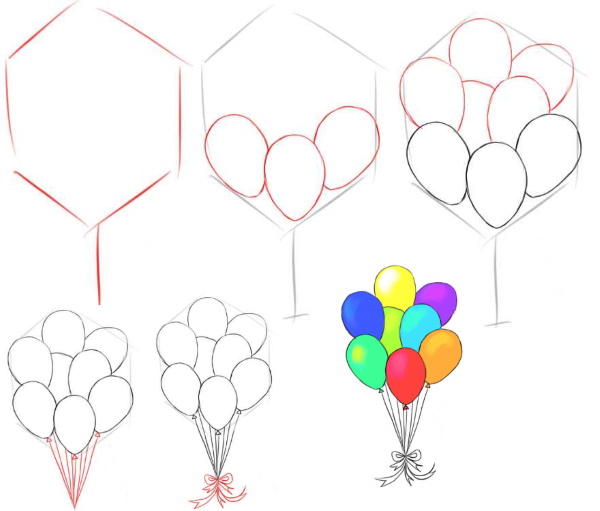 Zeichnung eines Heißluftballons mit einem Korb am Himmel, über dem Meer, koloriert zum Ausmalen mit einem Bleistift, kopieren