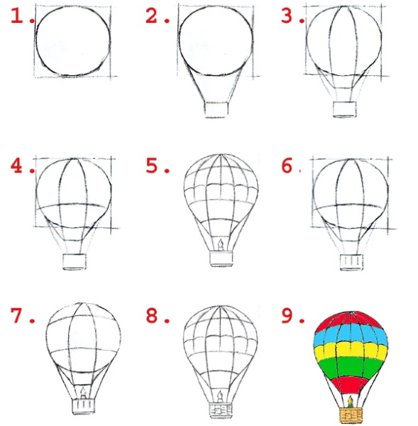 Zeichnung eines Heißluftballons mit einem Korb am Himmel, über dem Meer, koloriert zum Ausmalen mit einem Bleistift, kopieren