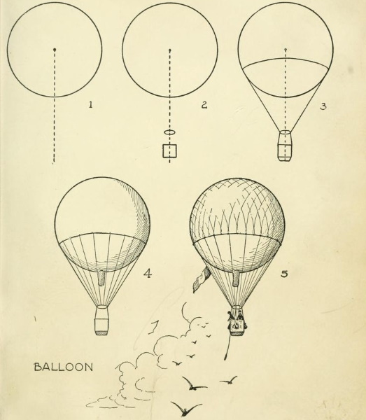 Zeichnung eines Heißluftballons mit einem Korb am Himmel, über dem Meer, koloriert zum Ausmalen mit einem Bleistift, kopieren