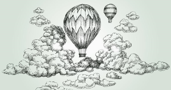Zeichnung eines Heißluftballons mit einem Korb am Himmel, über dem Meer, koloriert zum Ausmalen mit einem Bleistift, kopieren