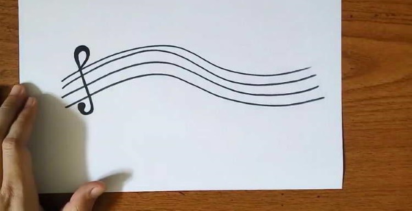 Violinschlüssel. Zeichnen für Kinder mit einem Bleistift auf einem Notensystem zum Kopieren