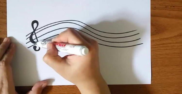 Violinschlüssel. Zeichnen für Kinder mit einem Bleistift auf einem Notensystem zum Kopieren