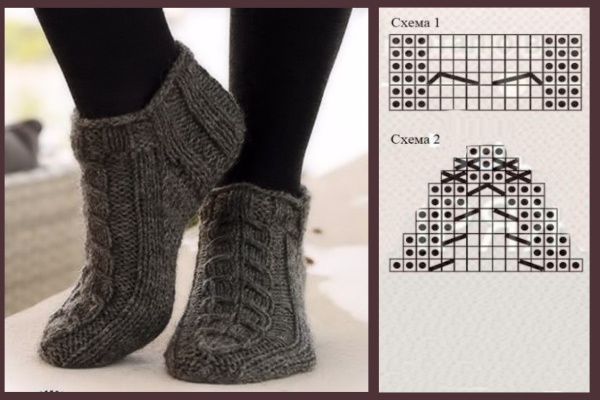 Hausschuhe mit Stricknadeln mit Beschreibung. Neuheiten für Kinder, Damen, auf 2-4 Nadeln. Meisterklassenvideo, Diagramme