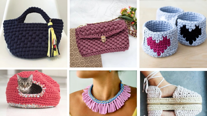 Stricken aus Strickgarn mit einer Häkelnadel. Körbe, Taschen, Hausschuhe Schritt für Schritt mit Fotos