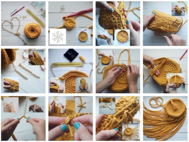 Stricken aus Strickgarn mit einer Häkelnadel. Körbe, Taschen, Hausschuhe Schritt für Schritt mit Fotos
