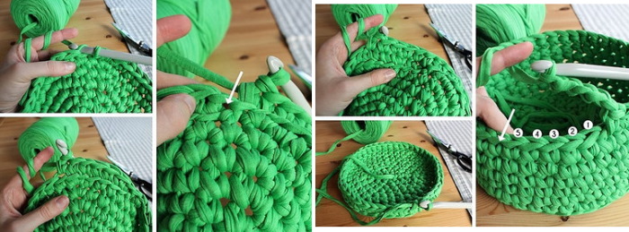 Stricken aus Strickgarn mit einer Häkelnadel. Körbe, Taschen, Hausschuhe Schritt für Schritt mit Fotos
