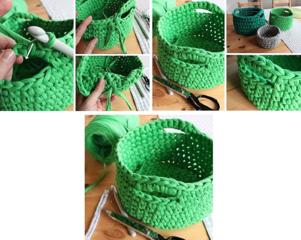 Stricken aus Strickgarn mit einer Häkelnadel. Körbe, Taschen, Hausschuhe Schritt für Schritt mit Fotos