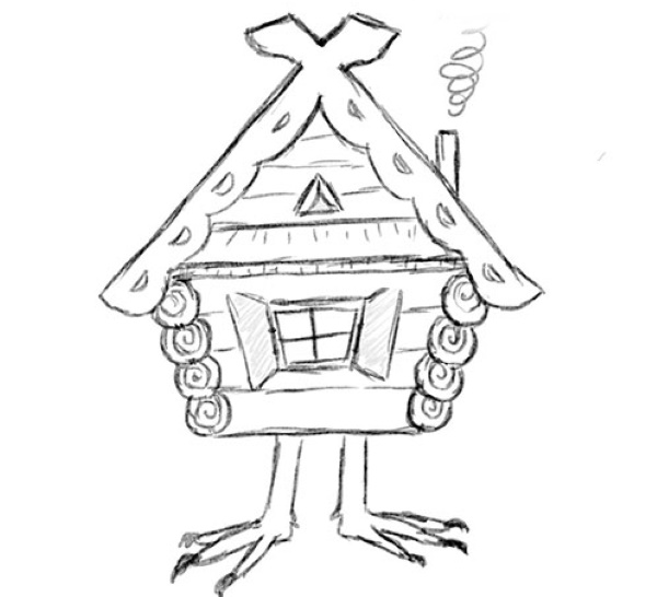 Baba Yaga Zeichnung für Kinder mit einem Bleistift zum Kopieren, Ausmalen im Mörser, Hütte, Ganzkörperansicht Gut, Böse