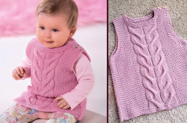Ärmellose Jacke für Mädchen, mit Nadeln gestrickt, 1-2-3-5 Jahre alt. Schemata und Beschreibung für Anfänger, Meisterklasse